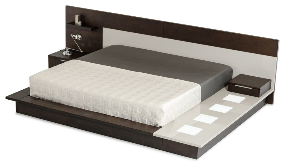 34" Brown Oak and Grey Veneer Platfrom Queen Bed With Lights