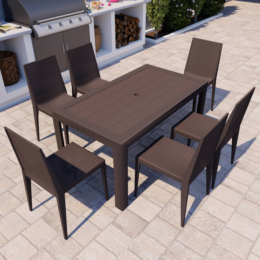 LeisureMod Mace Mid-Century 7-Piece Rectangular Outdoor Dining Set, Brown
