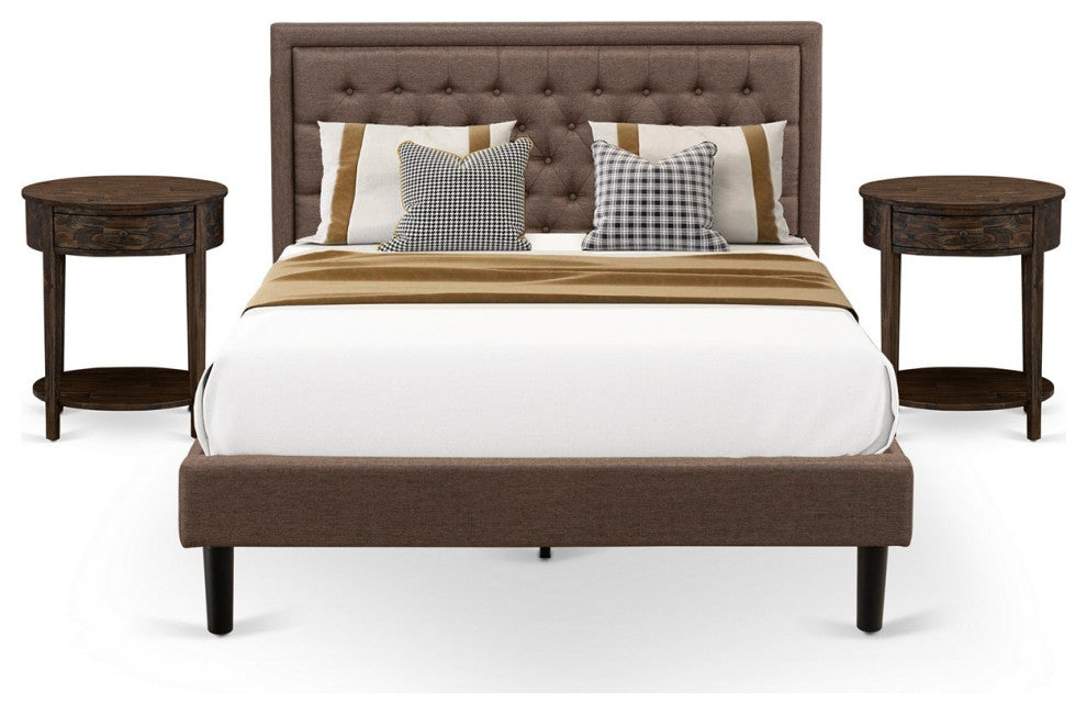 3Pc Queen Set, 1 Bed Frame Brown, Headboard, 2 Nightstand, Black Finish Legs