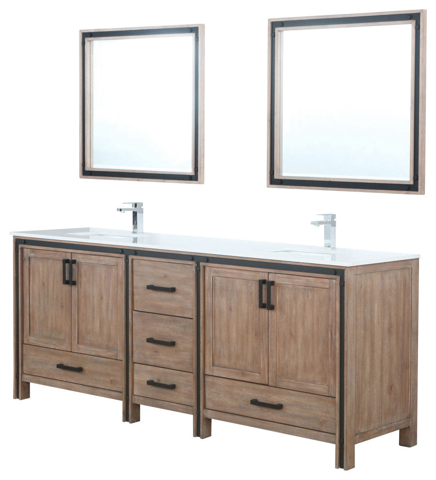 Ziva 84 Barnwood DB Vanity, Cultured Marble Top, Square Sink, 34 Mirrors, Faucet