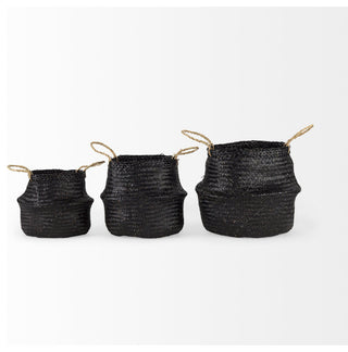 Ella Black Seagrass Baskets With Light Brown Handles, 3-Piece Set