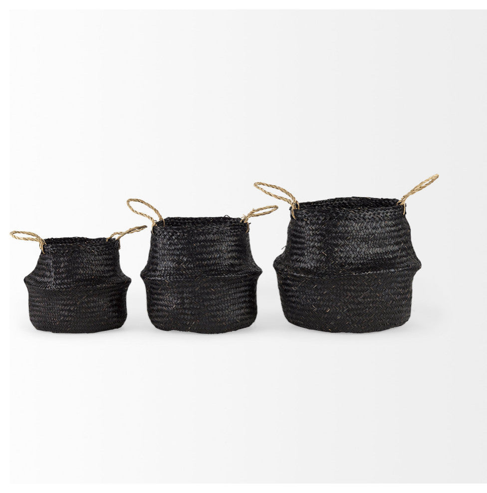 Ella Black Seagrass Baskets With Light Brown Handles, 3-Piece Set
