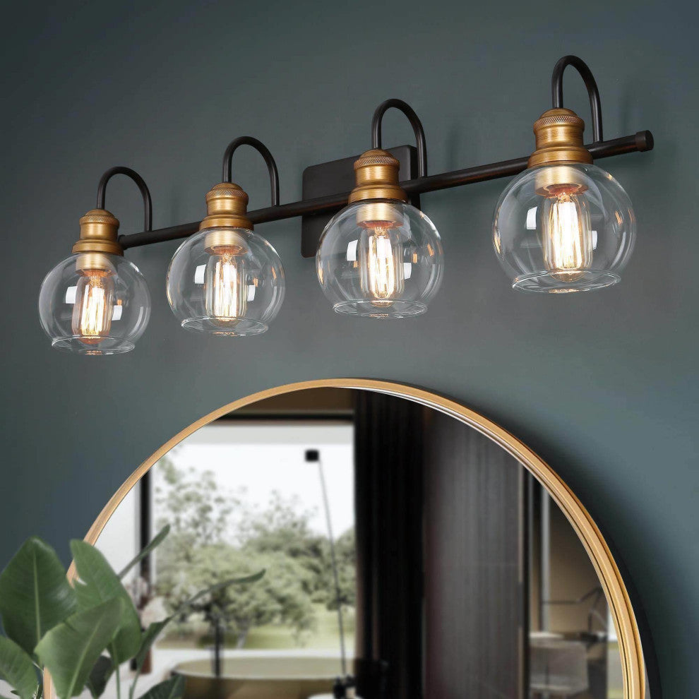 LNC 4-Light Black & Brass Modern Glass Bathroom Vanity Lighting