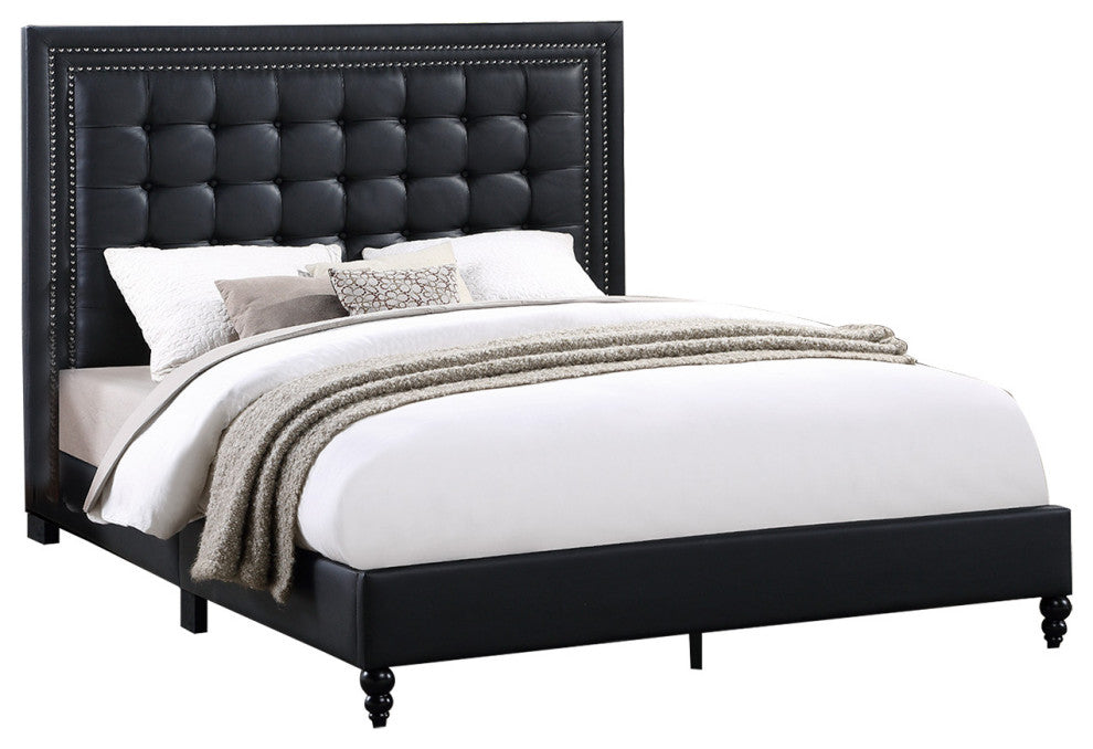 Faux Leather Upholstered Bed with Button Tufted Headboard, Black, Queen
