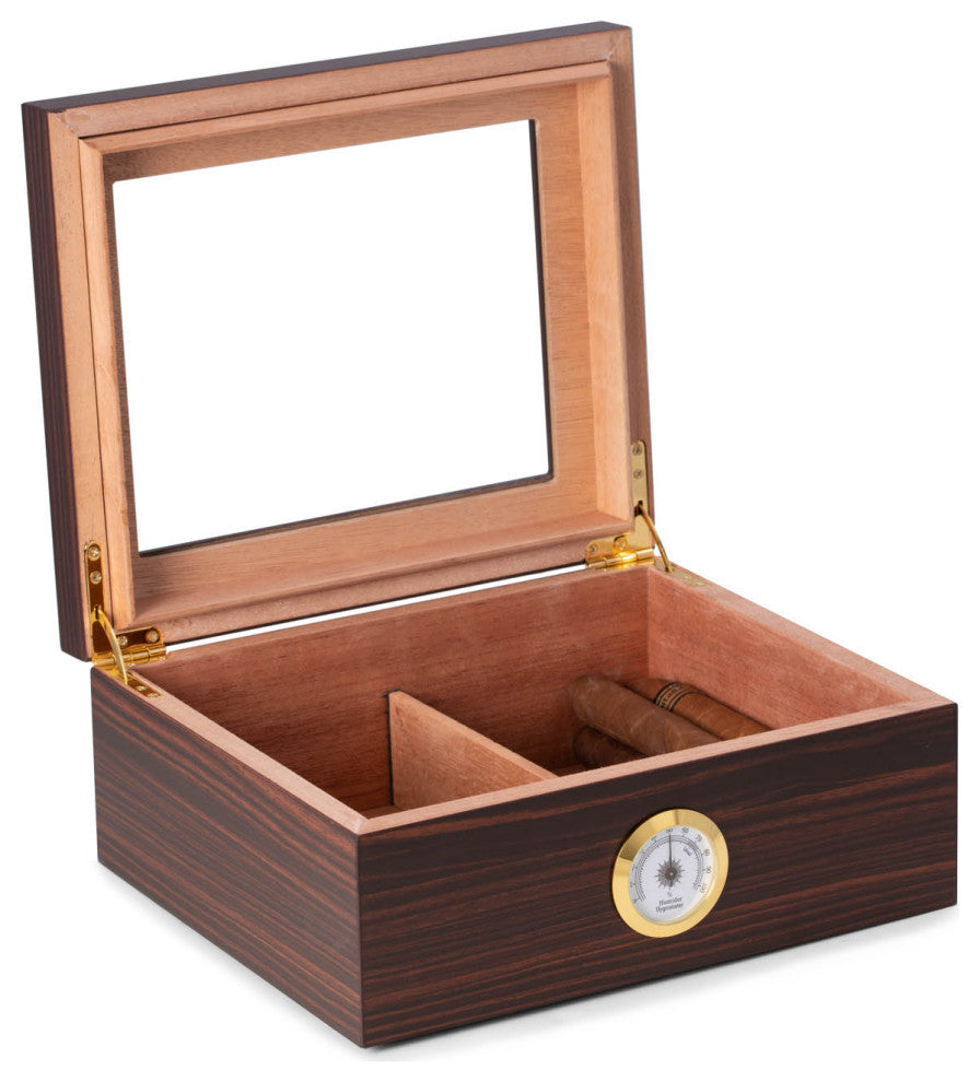 "Espresso" Wood Cigar Humidor, Spanish Cedar Lining and Glass See-Thru Lid