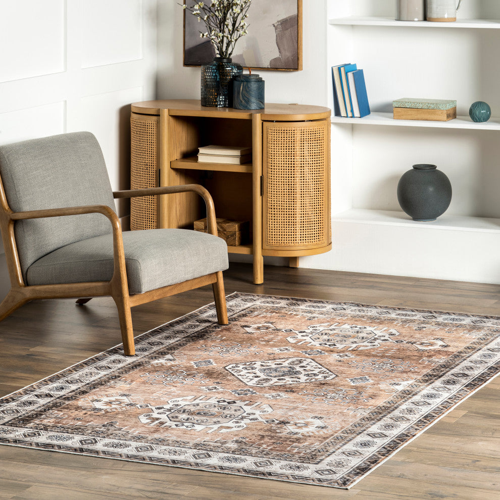 Nuloom Washable Traditional Stain Repellent Area Rug, Light Orange 8'x10'