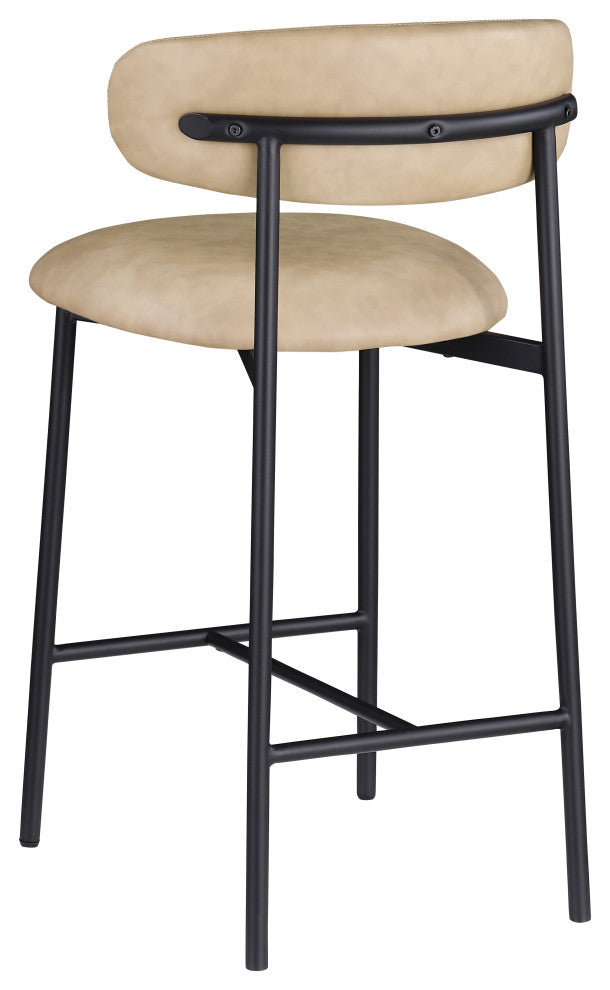 Lupita Upholstered Counter Stool, Tan, Vegan Leather, Matte Black, Set of 2
