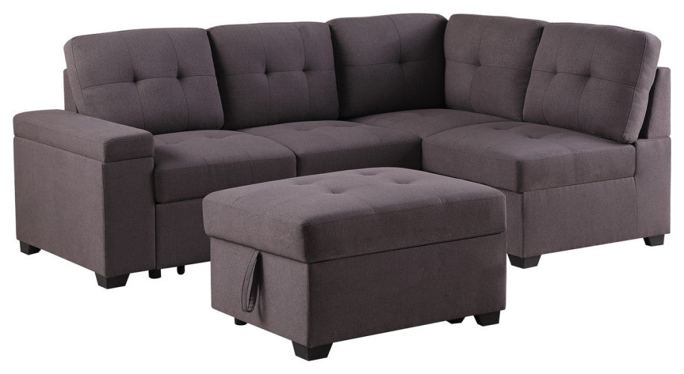Katie Brown Linen Sleeper Sectional Sofa With Storage Ottoman, Storage Arm