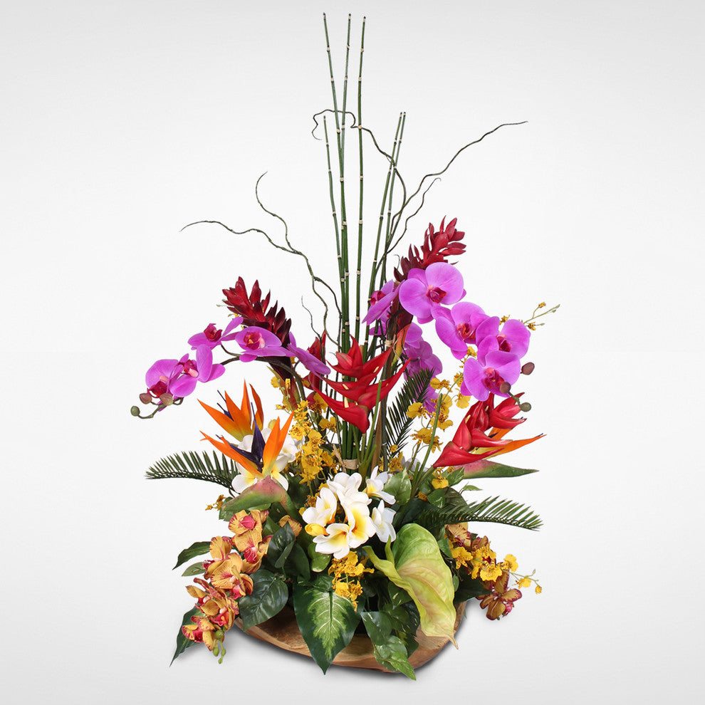 Exotic Tropical Silk Flower Arrangement in Teakwood Bowl