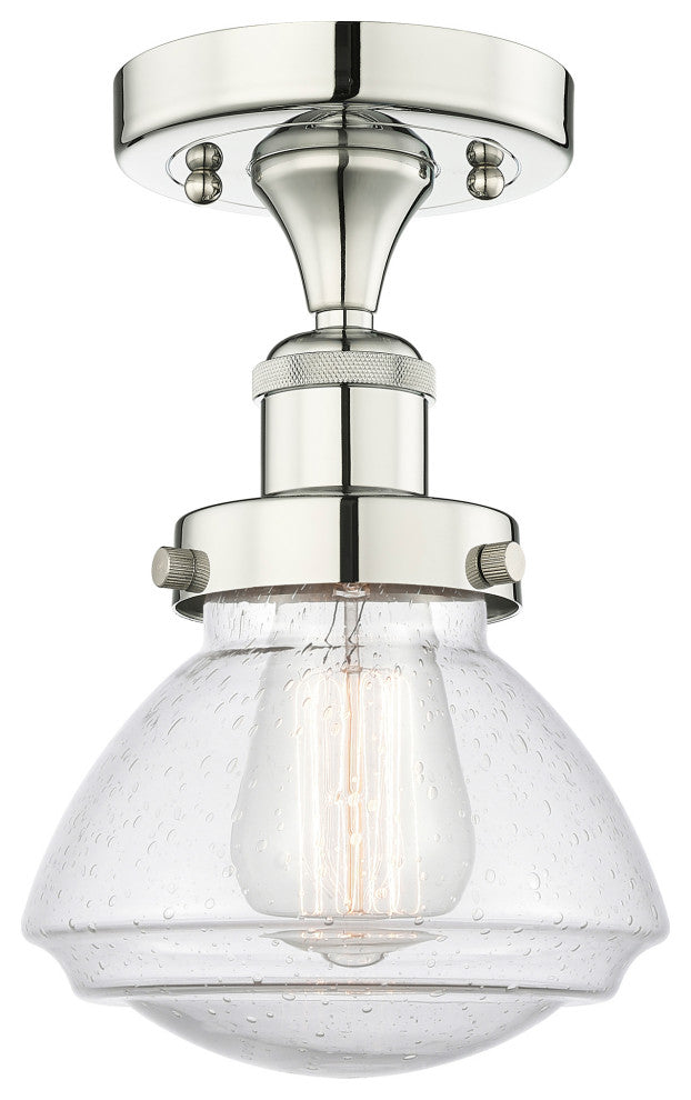 Olean-1 Light 7" Semi-Flush Mount-Polished Nickel, Seedy Glass Shade