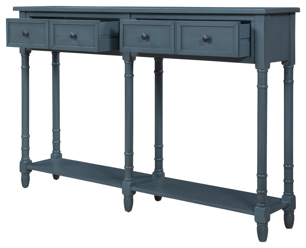 58" Two-Drawer Console Table Bottom Shelf for Living Room Antique Navy