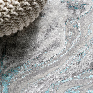 Swirl Marbled Abstract Area Rug, Gray/Turquoise, 2'x10'