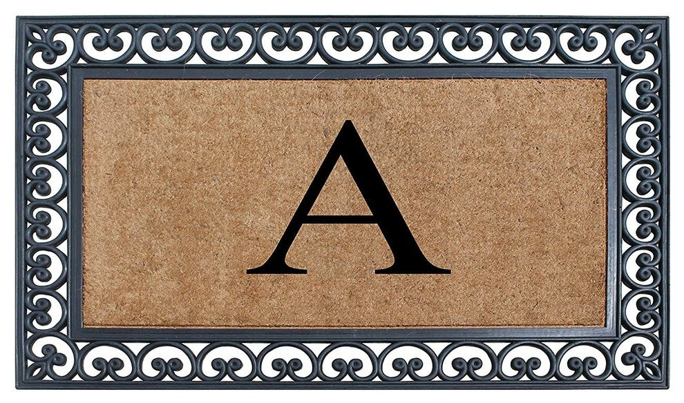 A1HC Black Rubber and Coir Paisley Border Monogrammed Double Doormat, 30"X48", A