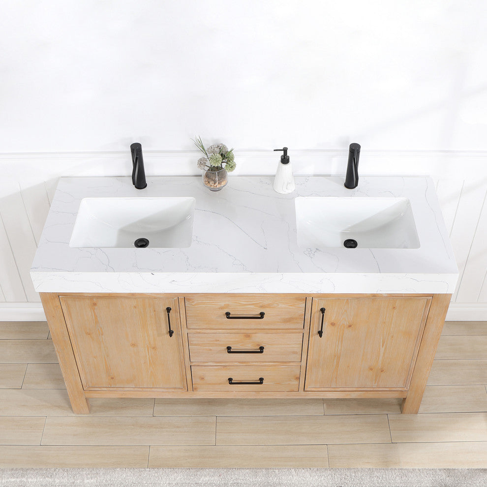 Leon Bath Vanity With Composite Stone Top, Fir Wood Brown, 60" Double Sink, No Mirror