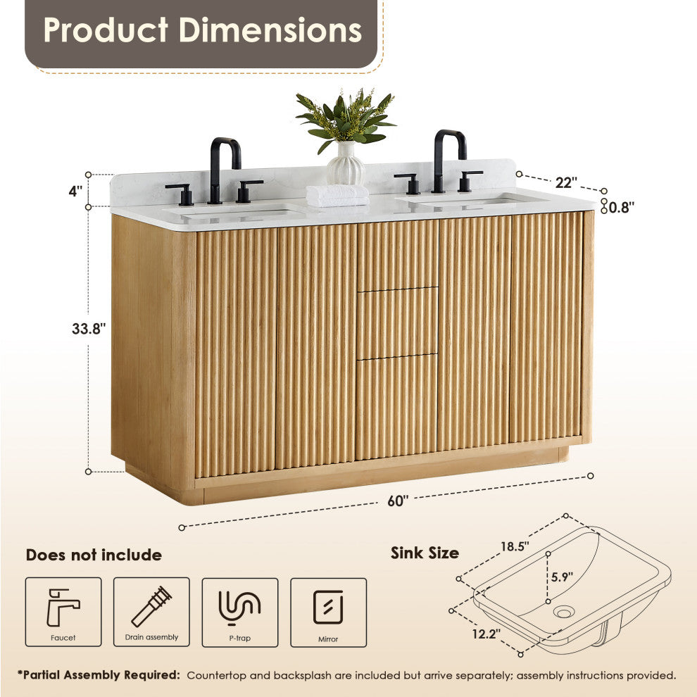 Clayton Bathroom Vanity, Washed Light Brown, 60", No Mirror