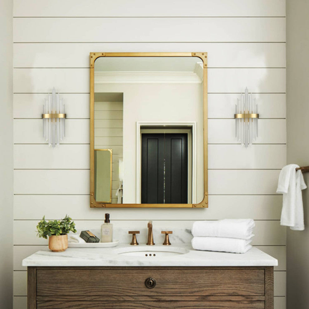 Modern Gold Wall Sconces Set of Two With Crystal Frosted Glass