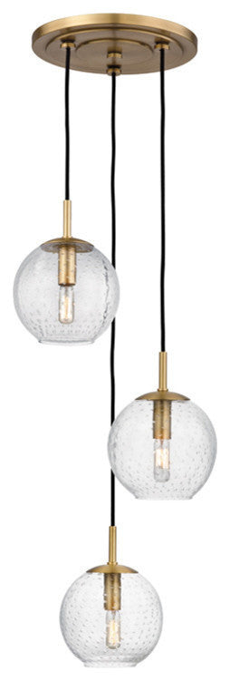 Rousseau, 3 Light, Cluster Pendant, Aged Brass Finish, Clear Glass