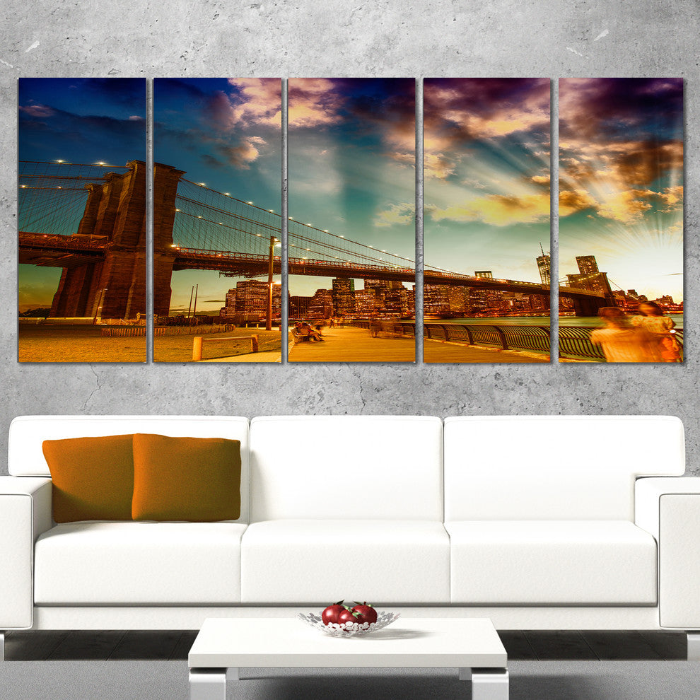 Relaxing in Brooklyn Bridge Park, Cityscape Canvas Print, 60"x28", 5 Panels