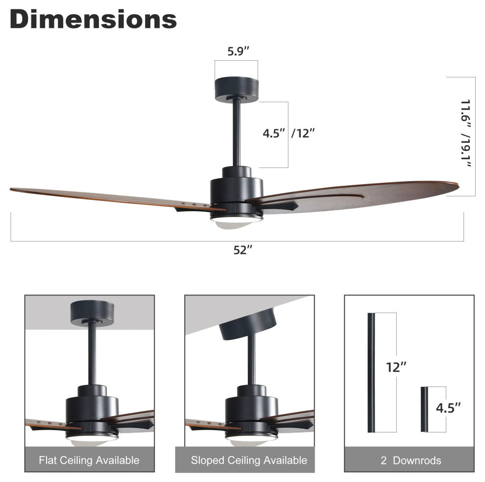 60" 3-Solid Wood Blade Propeller indoor LED Ceiling Fan, Black and Brown
