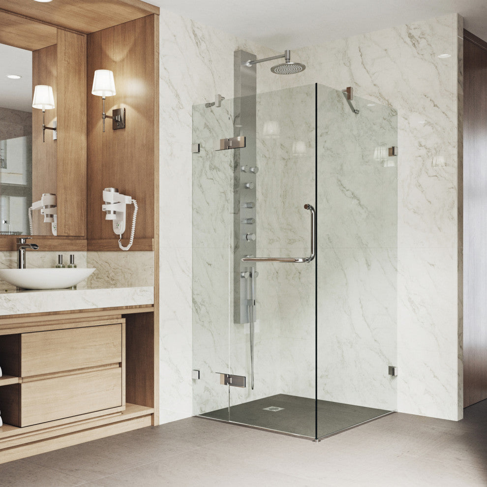 VIGO Monteray 30"D x 30"W x 73"H Frameless Hinged Shower Enclosure, Chrome, Without Base