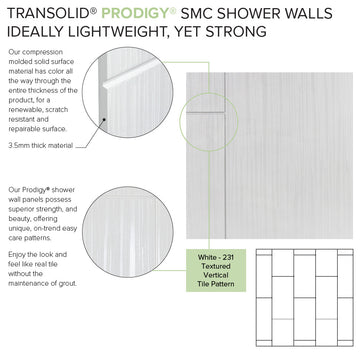 Transolid PWKX60368412-231 Prodigy 60"x36"x96" Shower Wall Kit, White Vertical