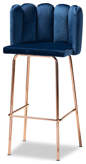 Navy Blue Velvet Fabric Upholstered and Rose Gold 4-Piece Bar Stool Set