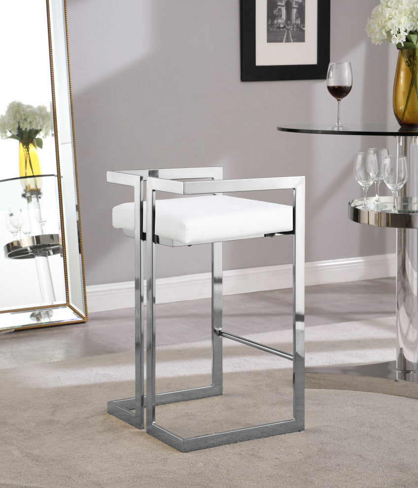 Ezra Counter Stool, Set of 2, White Vegan Leather, Chrome Base