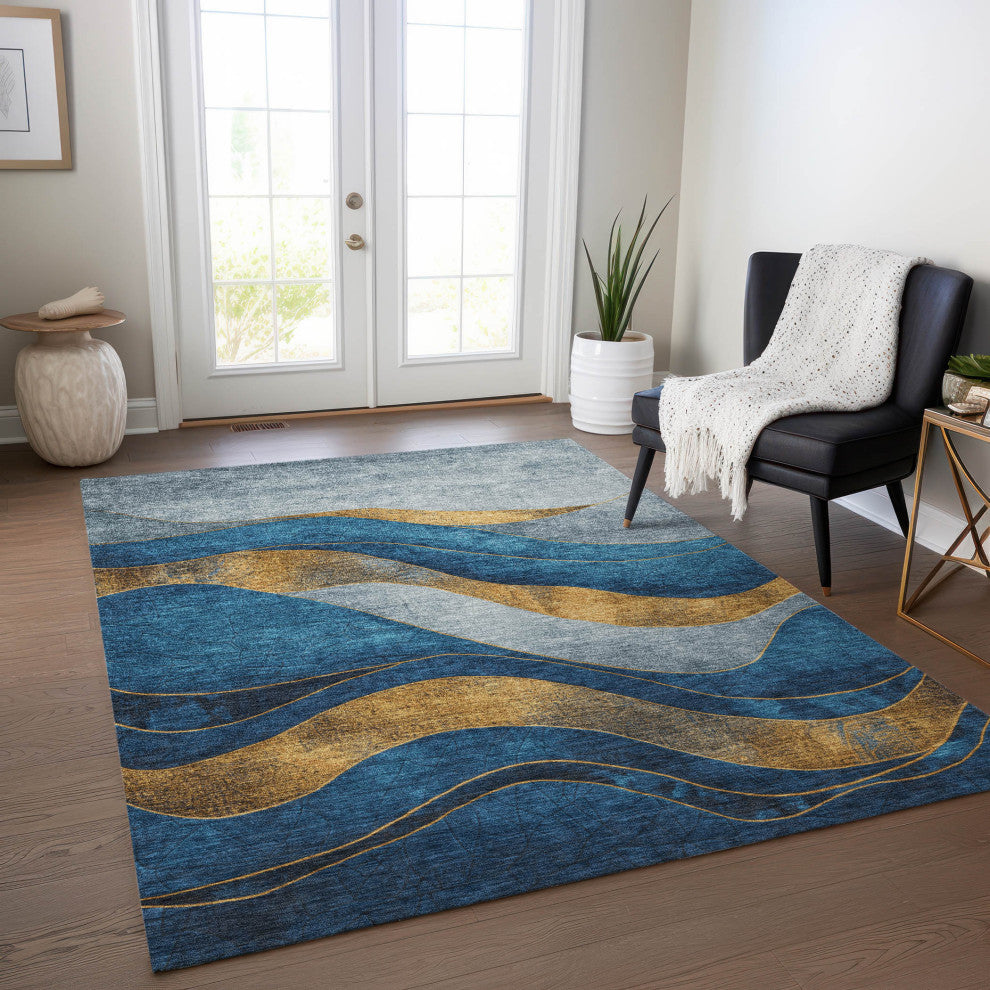 Machine Washable Indoor/Outdoor Chantille ACN1892 Blue 5' x 7'6" Rug