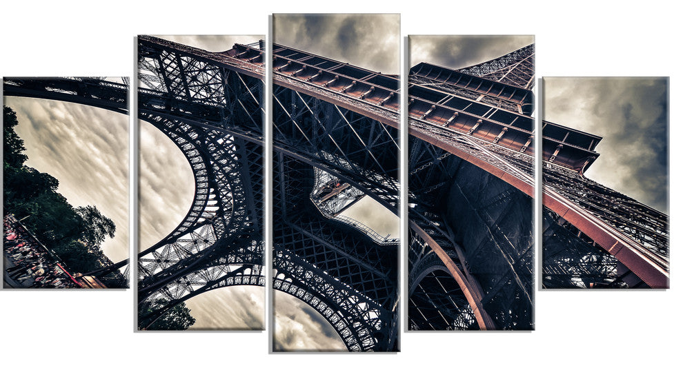 "Paris Eiffel Tower in Grungy Dramatic Style" Cityscape Art, 60"x32", 5-Panels