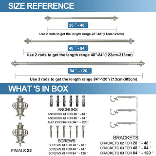 1" Diameter Regina Curtain Rod, 48"-84", Pewter