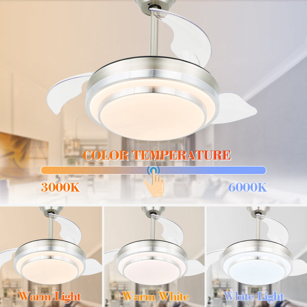 36" Modern Retractable Ceiling Fan Reversible With Remote Control and Light, 36inch