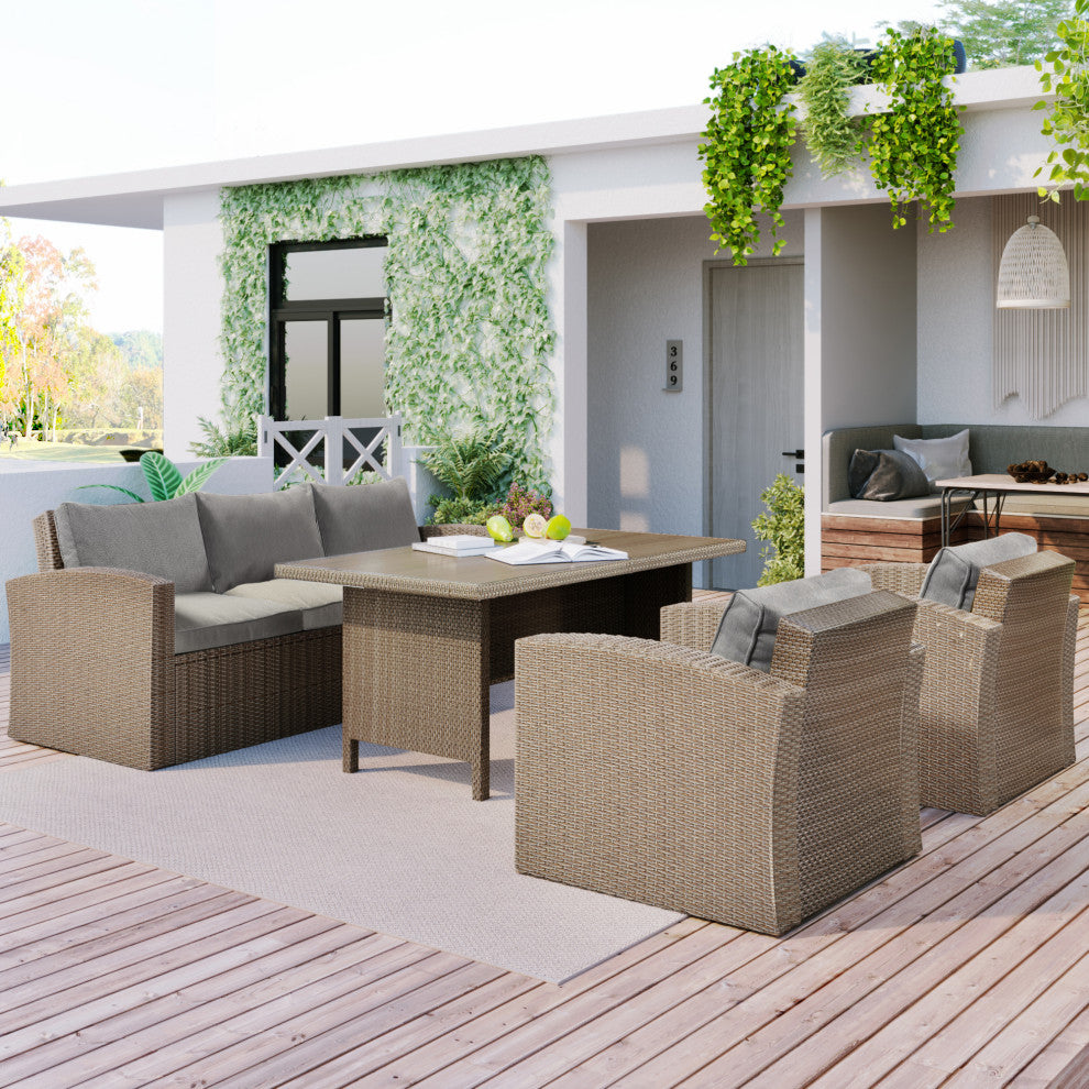 4 Pieces Outdoor Rattan Patio Sectional Sofa Set With Cushions, Gray