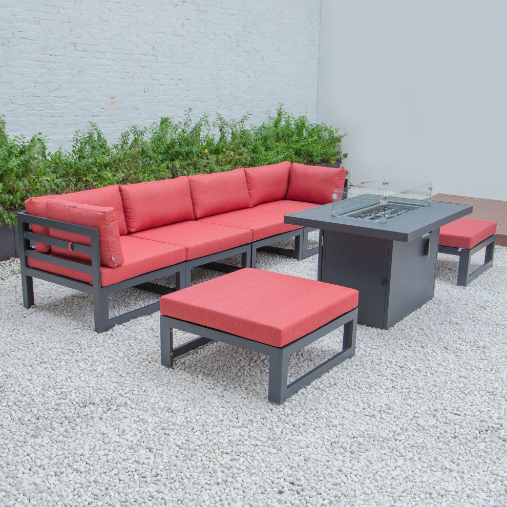 LeisureMod Chelsea 7-Piece Outdoor Sectional With Fire Pit Table, Red