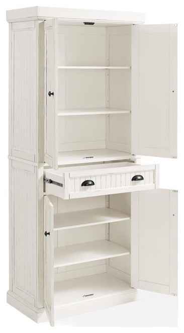 Tall Pantry Cabinet, Breadboard Paneled Doors & Storage Drawer, Distressed White