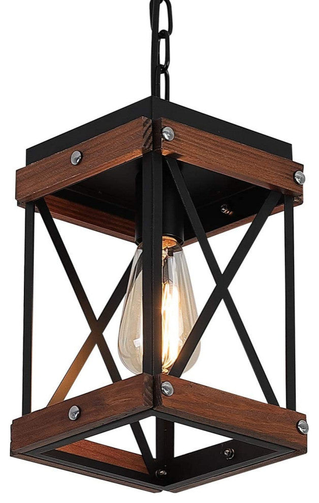 Farmhouse Square Wood Pendant Lighting for Kitchen Island Black Cage