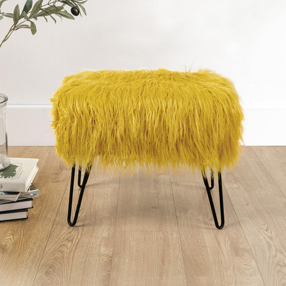 Mongolian Fur Ottoman, Lemon Curry, 19''x13''x17''