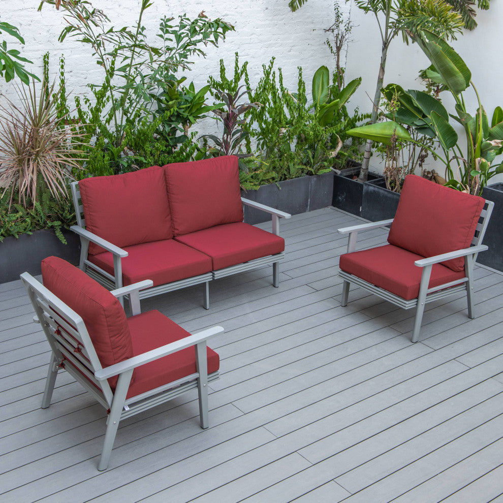 LeisureMod Walbrooke 3-Piece Patio Set With Gray Aluminum Frame and Cushions, Red
