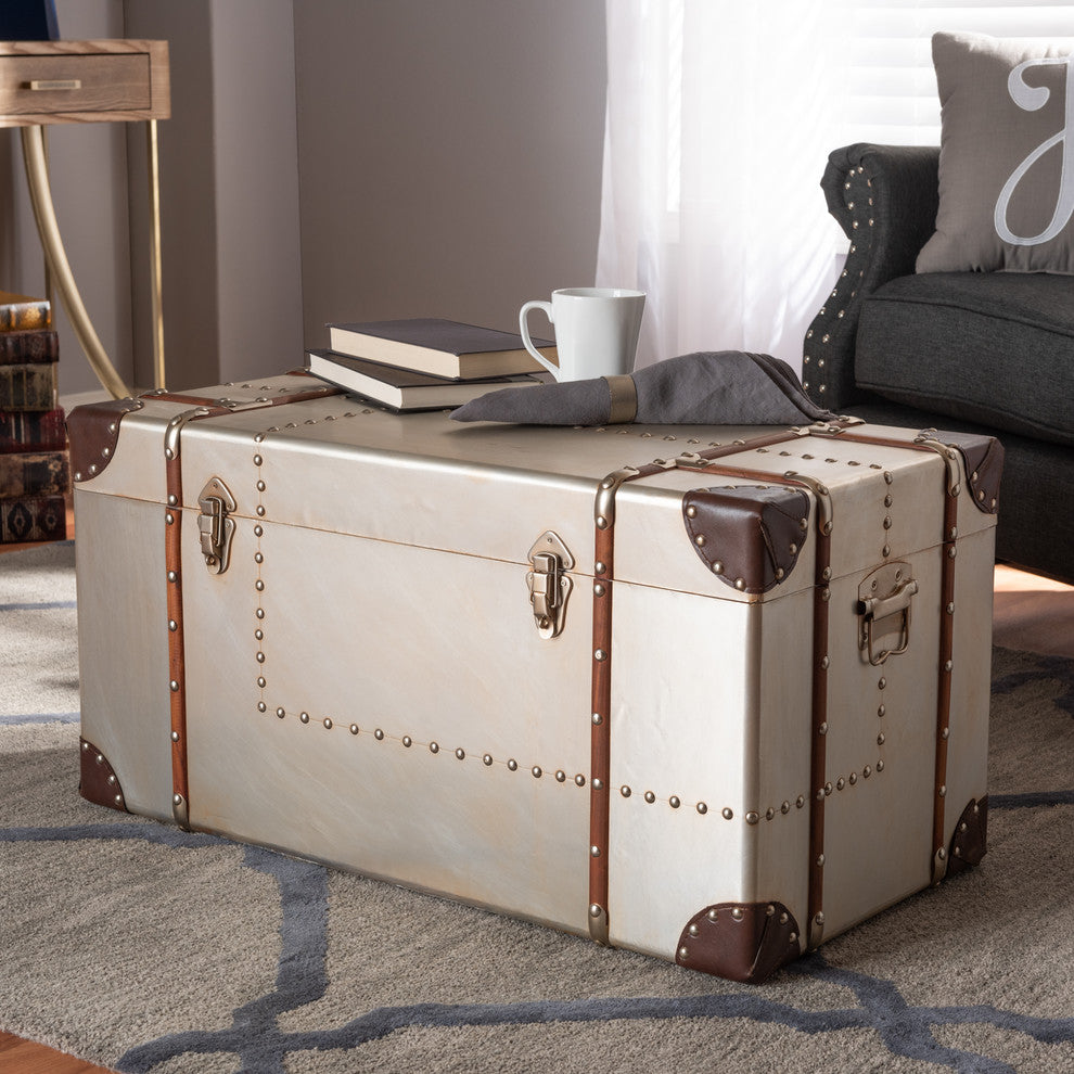 Lucas French Industrial Silver Metal Storage Trunk