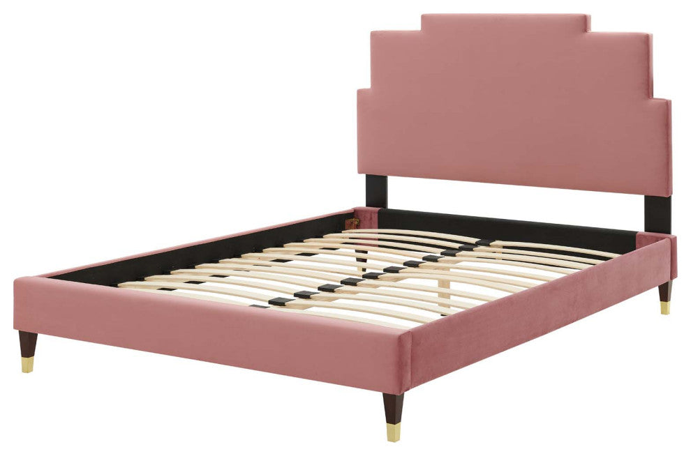Platform Bed Frame, King Size, Velvet, Pink, Modern Contemporary, Bedroom Master