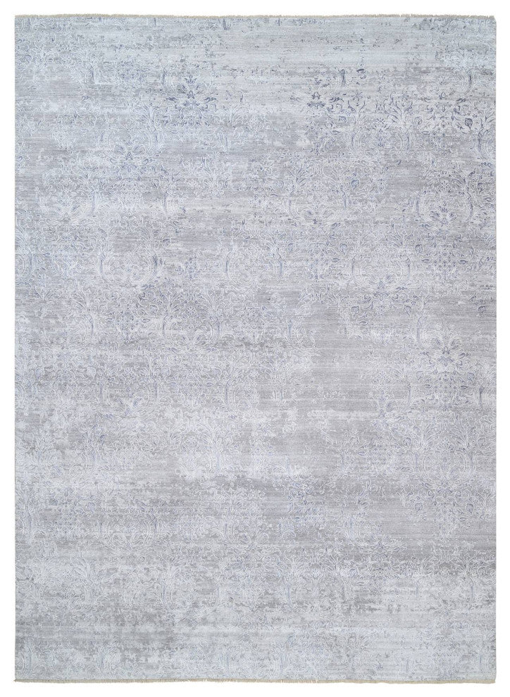Ivory, Hand Knotted Damask Design, Wool and Plant Based Silk Rug, 10'0" x 13'10"