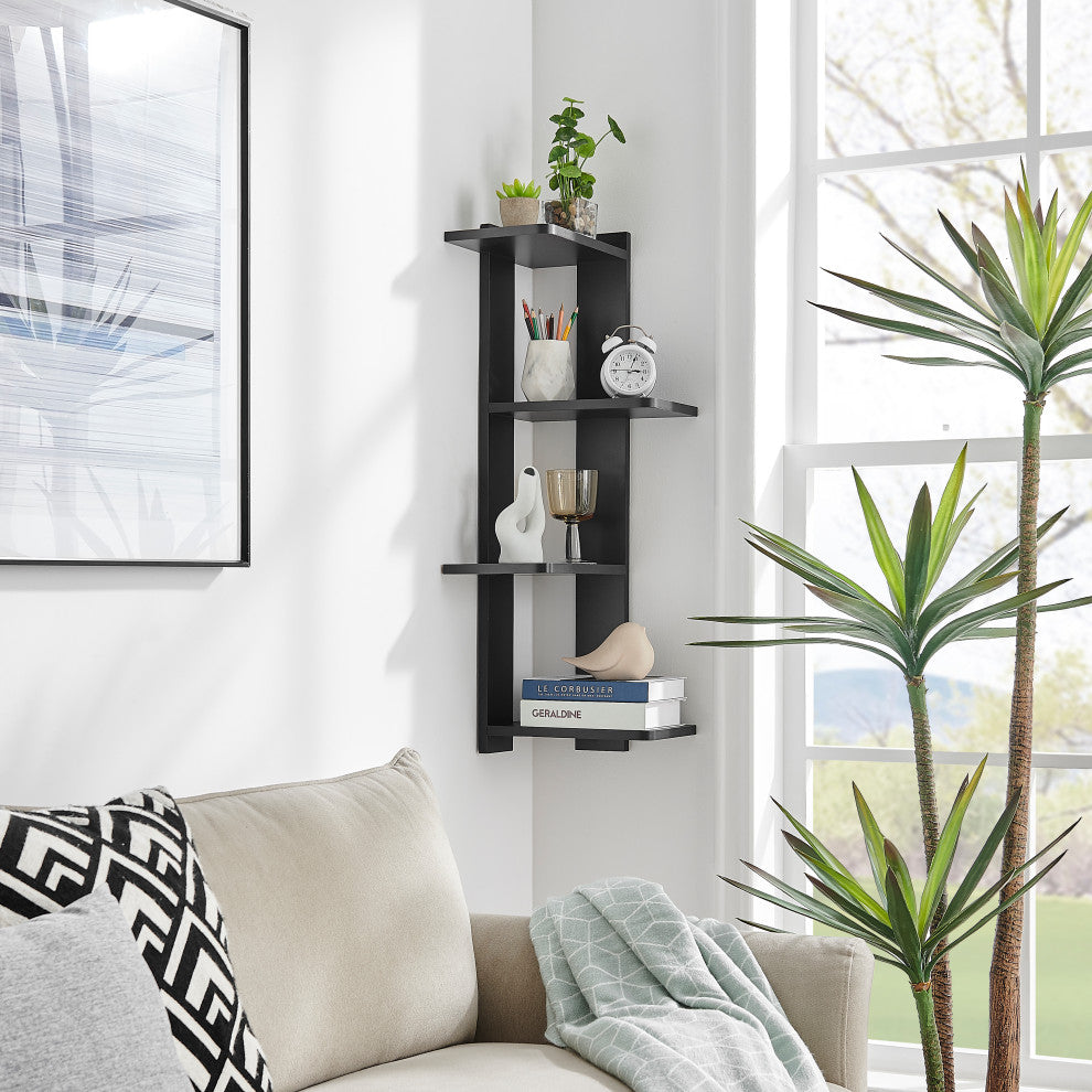 Danya B. Alvar Corner 4-Tier Floating Ledge Column Wall Shelf, Black