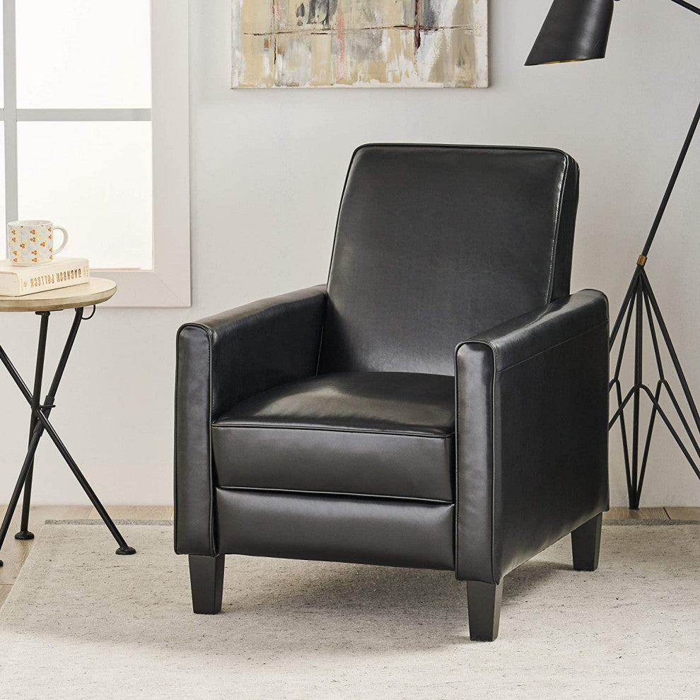 Modern Black Leather Recliner Chair, Tapered Legs, Track Arms for Home or Office