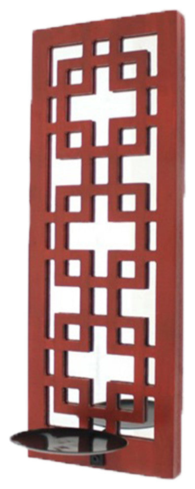17" x 5" x 6" Red, Vintage Wood, Lattice Mirror Candle Holder Sconce
