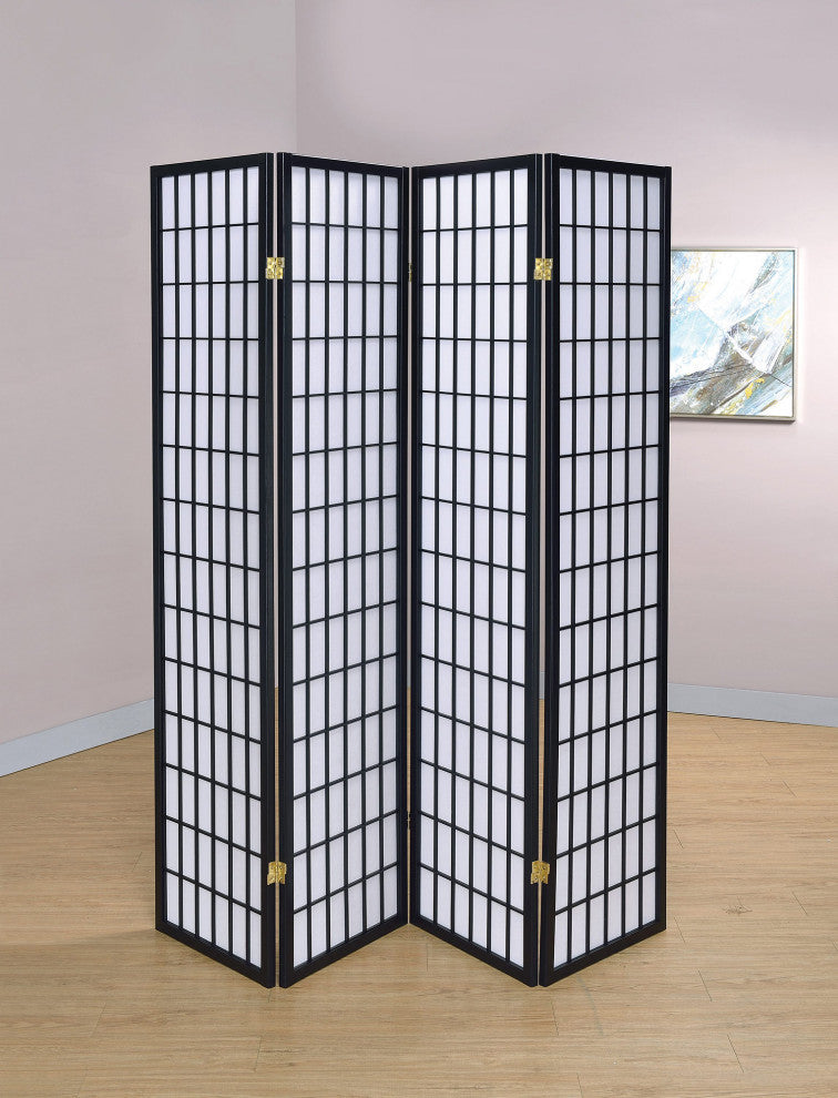 Four Panel Japanese Style Folding Screen, Black and White