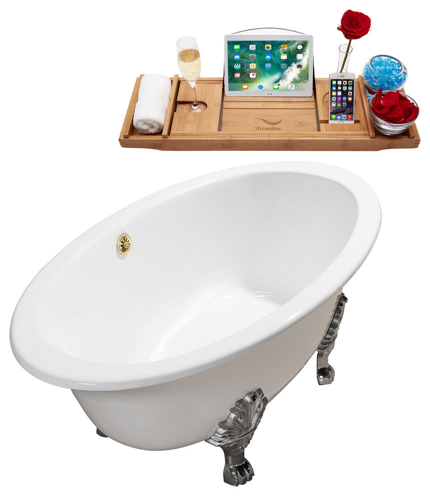 71" Cast Iron R5240WH-CH Soaking Clawfoot Tub and Tray With External Drain