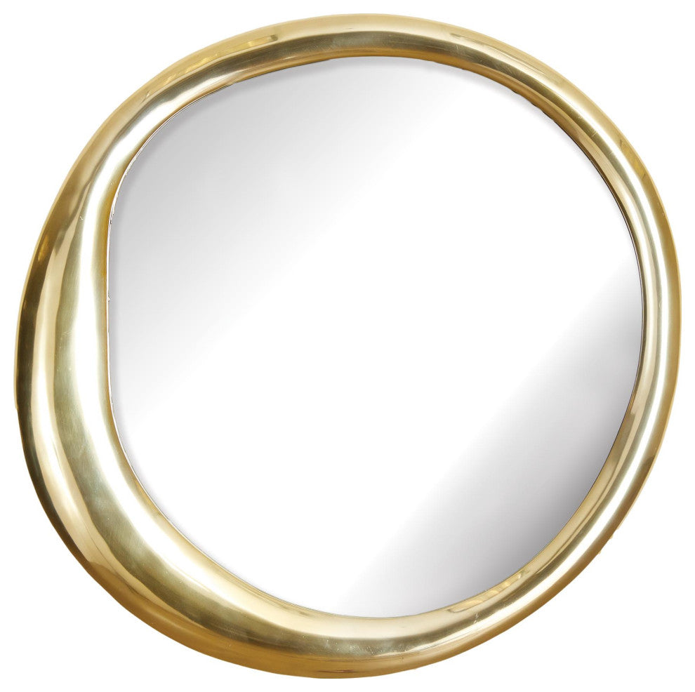 Modern Free Form Gold Frame Round Wall Mirror 31in Abstract Metal Vanity Organic