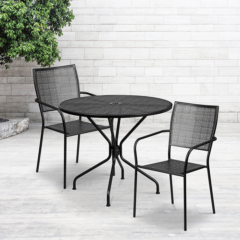 35.25'' Round Black Indoor-Outdoor Steel Patio Table Set, 2 Square Back Chairs