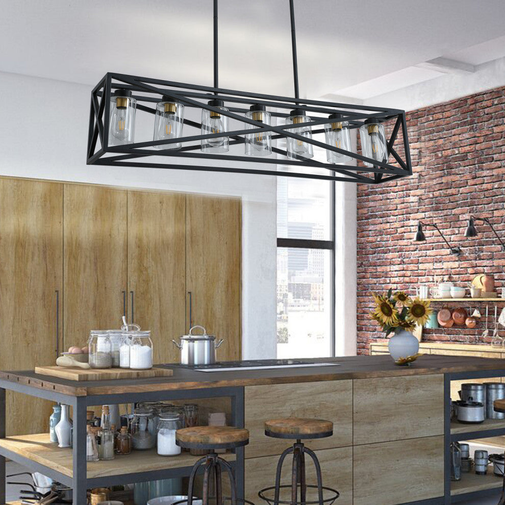 7-Light Kitchen Island Pendant Light Farmhouse Cage Chandelier, Black
