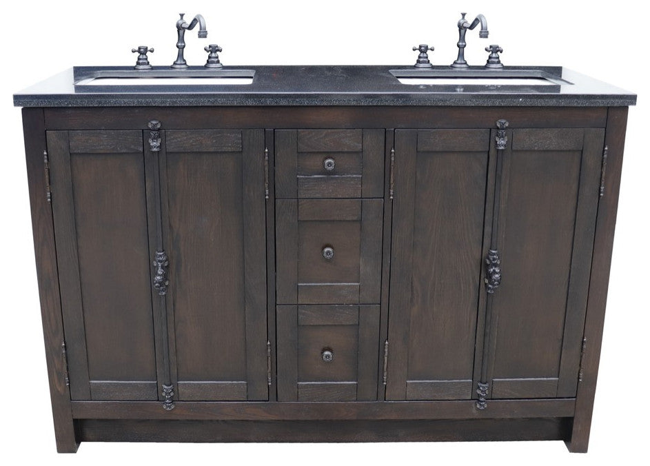 55" Double Vanity, Brown Ash Finish With Black Galaxy Top
