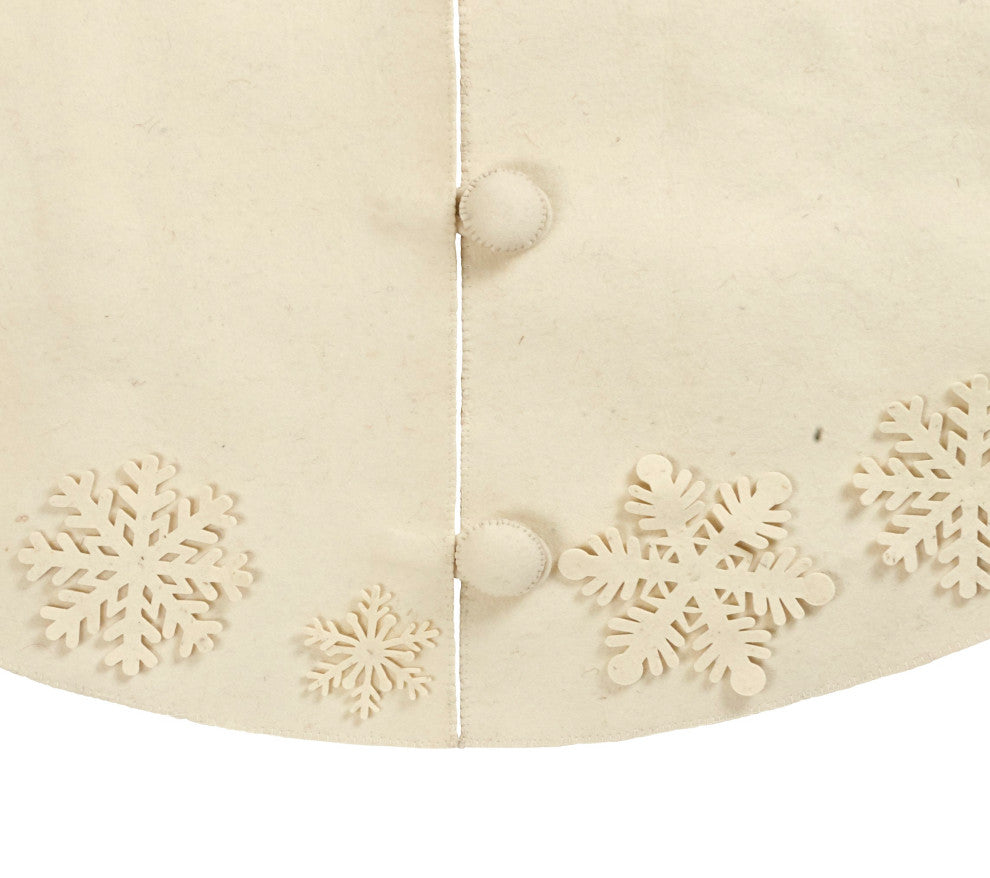72" Handmade Christmas Tree Skirt in Felt - Tacked Snowflakes on Cream